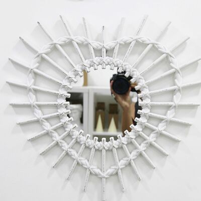 White Straw Look Woven Heart Shape Mirror