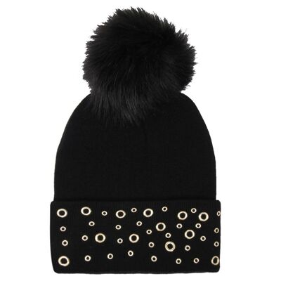 Black Circle Stud Beanie with Pom