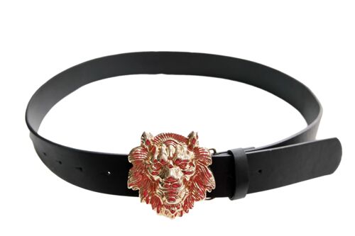 Black PU Belt With Gold  Lion Head Buckle