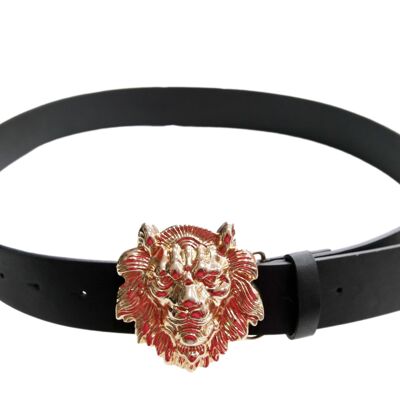 Black PU Belt With Gold  Lion Head Buckle