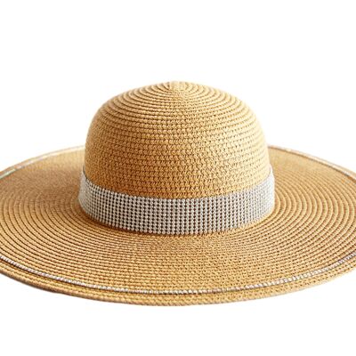 Tan Trim and Band Diamante Straw Hat