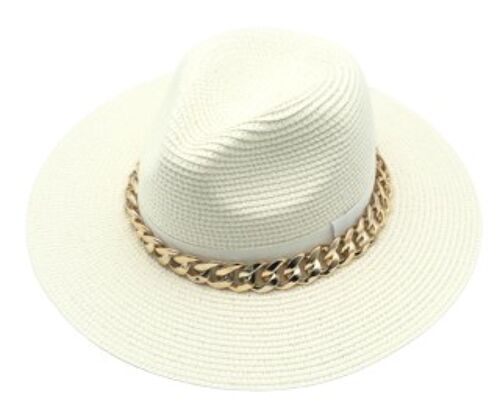 White Straw Fedora with Chunky Gold Chain
