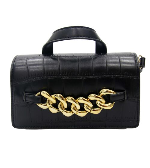 Black Croc Bag with Chunky Gold Chain Embellishment and long Faux Leather Strap