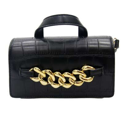 Black Croc Bag with Chunky Gold Chain Embellishment and long Faux Leather Strap