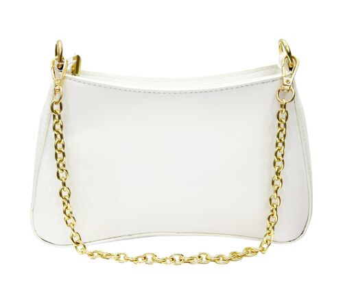 White Faux Leather Curved Bag with Gold Chain