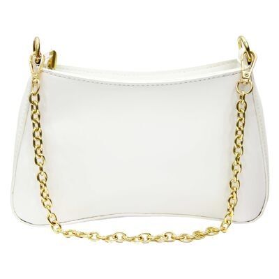 White Faux Leather Curved Bag with Gold Chain