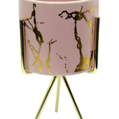 Pink with Gold Marble Detail Plant Pot with Gold Stand