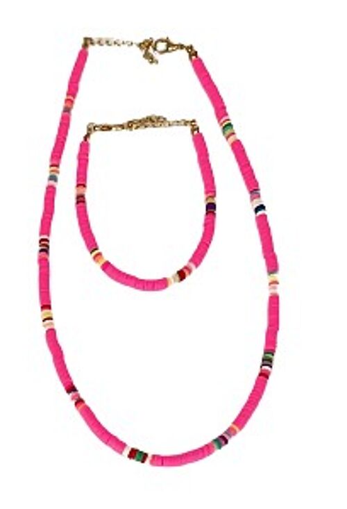 Fuchsia Beaded Necklace And Bracelet Set