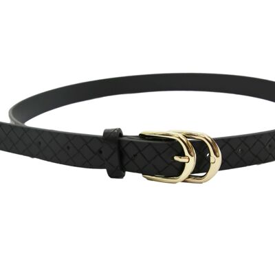 Black Double Buckle Belt with Woven Faux Leather