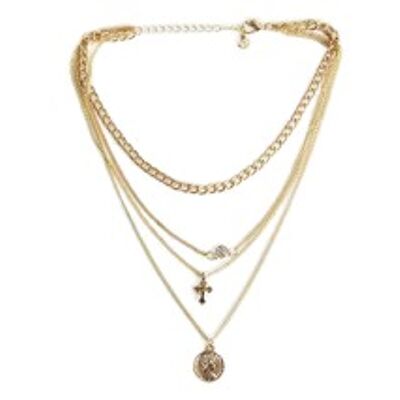 Gold Layered Multi Drop Necklace with coin and cross charms
