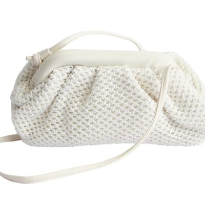 White Straw Look Ruched Bag with Long Strap