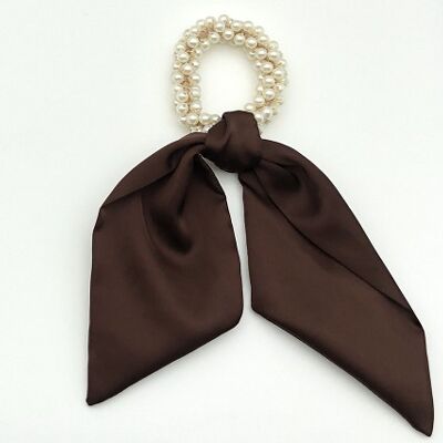 Brown Satin Scrunchie with Pearl Elastic A