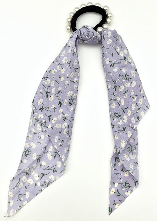 Lilac Ditsy Floral Print Scrunchie with Pearl Elastic