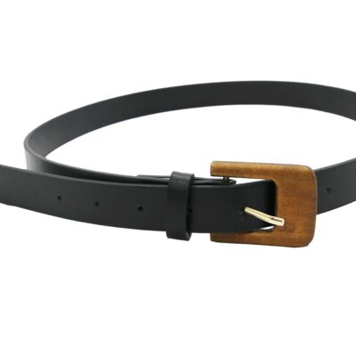 Black Faux Leather Belt with Wooden Buckle