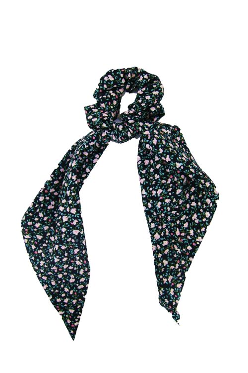 Black Ditsy Floral Print Long Scrunchie