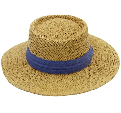 Tan Thick Straw Flat Top Hat with Denim Band