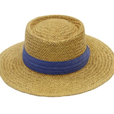 Tan Thick Straw Flat Top Hat with Denim Band