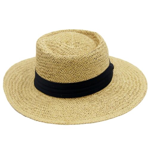 Tan Thick Straw  Flat Top Hat with Black Band