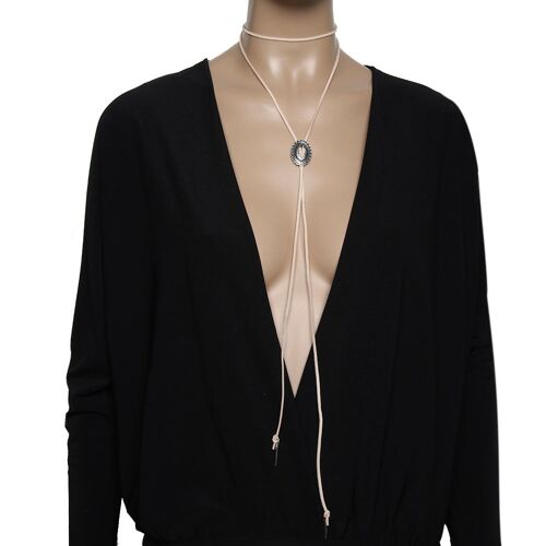 Nude Western Style Suedette Bolo Necklace with Metal Detail