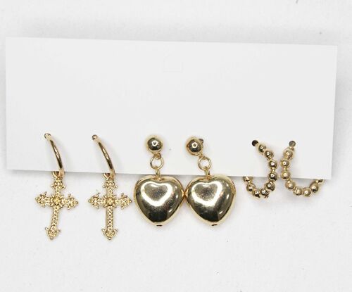Gold Earring Multi Pack Crosses and Hearts