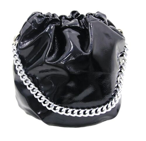 Black Patent Bucket Bag with Chain Detail and PU Strap