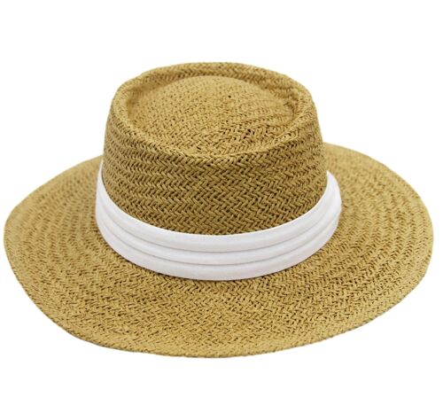 Tan thick weave Straw Flat top Hat with White band