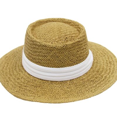 Tan thick weave Straw Flat top Hat with White band