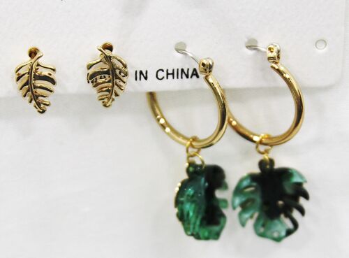 Gold Palm Leaf Mini Hoop Earrings with Gold Leaf Stud Earrings Pack