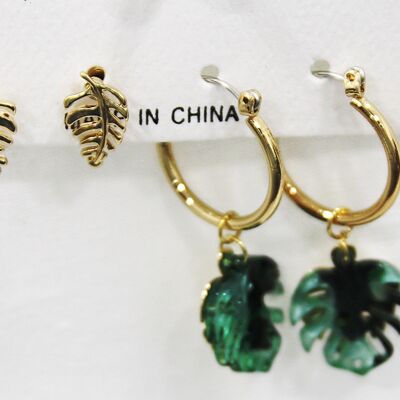 Gold Palm Leaf Mini Hoop Earrings with Gold Leaf Stud Earrings Pack