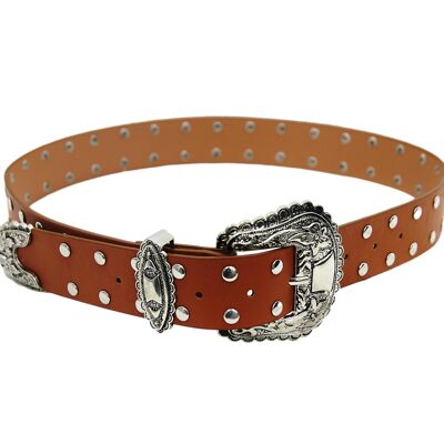 Tan Studded PU Belt with Western Buckle