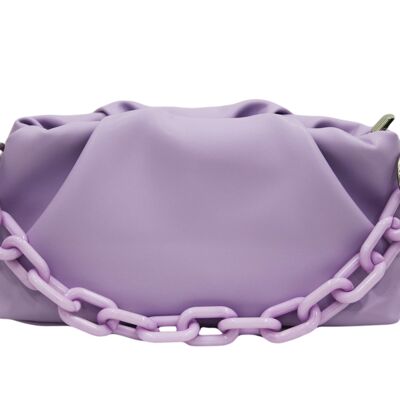 Lilac Faux Leather Ruched Bag with Tonal Plastic Chain Detail