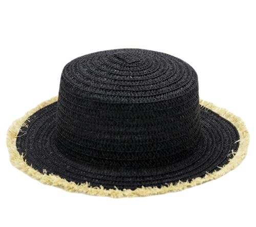 Black Frayed Edge Bucket Straw Summer Boater Hat