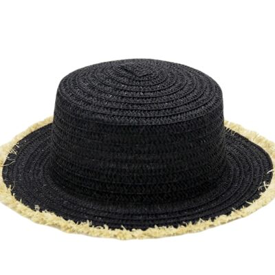 Black Frayed Edge Bucket Straw Summer Boater Hat