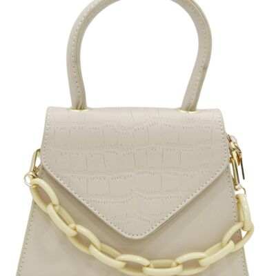 Nude Structured Croc and Plain Fauz Leather Grab Handle Bag with Chunky Chain Detail