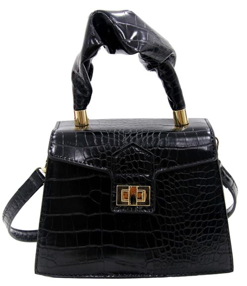 Black Croc Structured Bag with Ruched Grab Handle