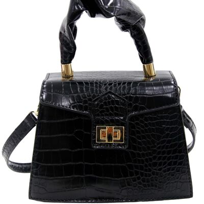 Black Croc Structured Bag with Ruched Grab Handle