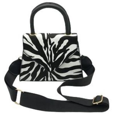 Zebra Print Structured Trapeze Bag with Canvas Strap