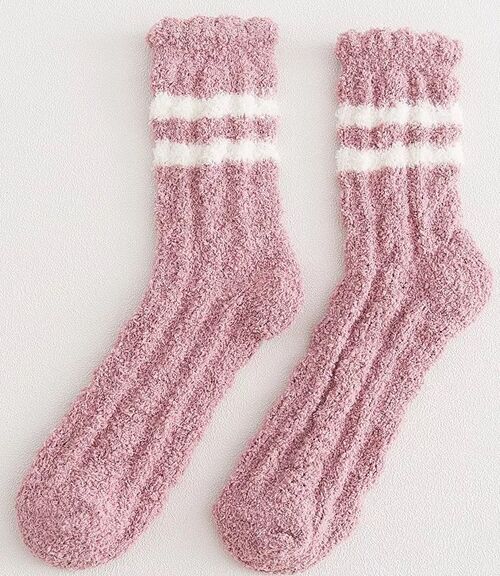 Pink Fluffy Lounge Socks with Contrast Stripes