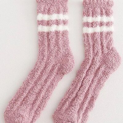 Pink Fluffy Lounge Socks with Contrast Stripes