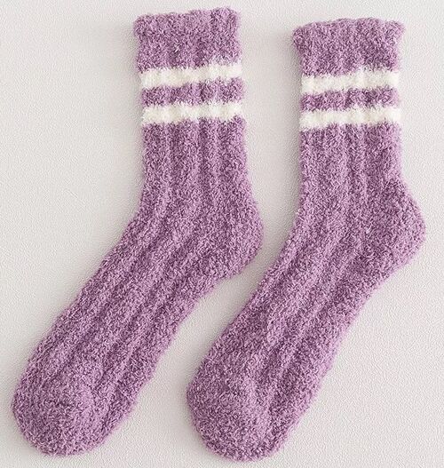 Lilac Fluffy Lounge Socks with Contrast Stripes
