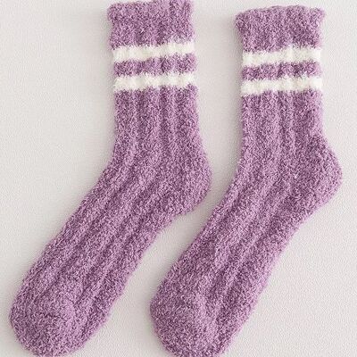 Lilac Fluffy Lounge Socks with Contrast Stripes