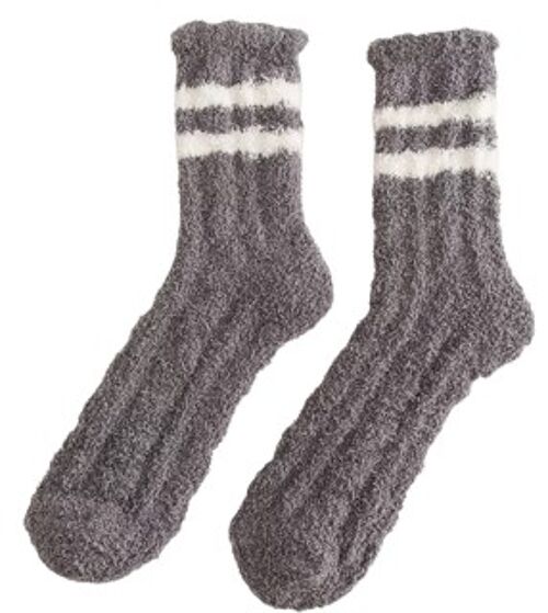 Grey Fluffy Lounge Socks with Contrast Stripes
