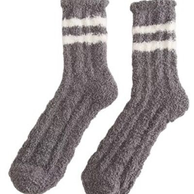 Grey Fluffy Lounge Socks with Contrast Stripes