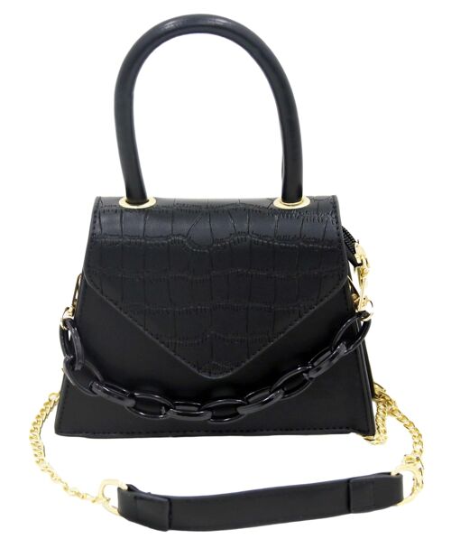 Black Structured Croc and Plain Fauz Leather Grab Handle Bag with Chunky Chain Detail