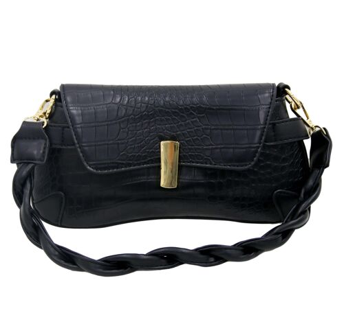Black Croc Faux Leather Curved Bag with Twisted Strap