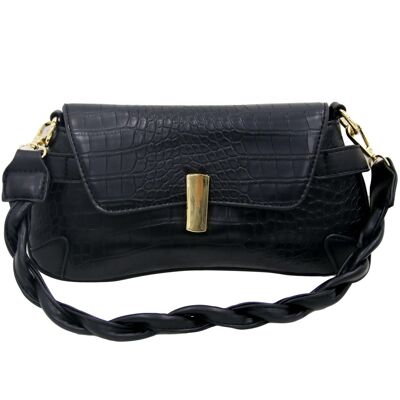 Black Croc Faux Leather Curved Bag with Twisted Strap