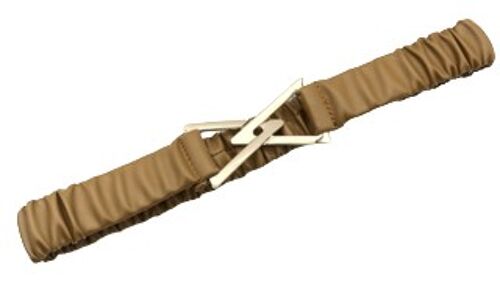 Tan Ruched Stretch Faux Leather Belt with Metal Triangle Link Buckle