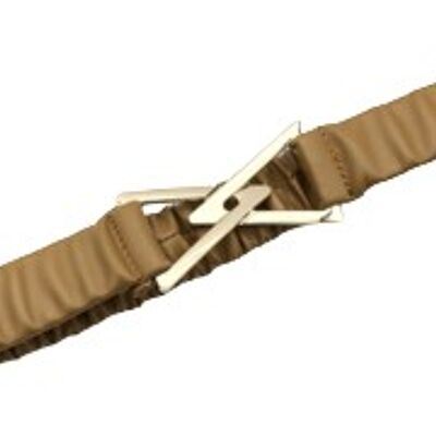 Tan Ruched Stretch Faux Leather Belt with Metal Triangle Link Buckle