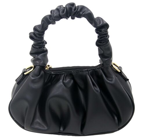 Black Faux Leather Ruched Bag with Ruched Handle and Chain Strap