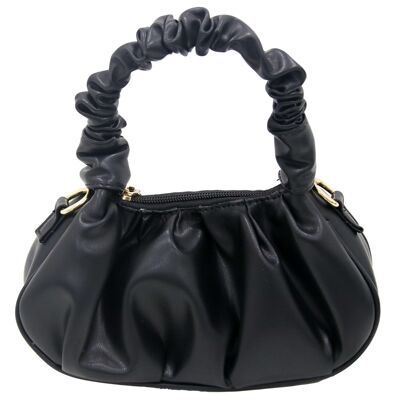Black Faux Leather Ruched Bag with Ruched Handle and Chain Strap